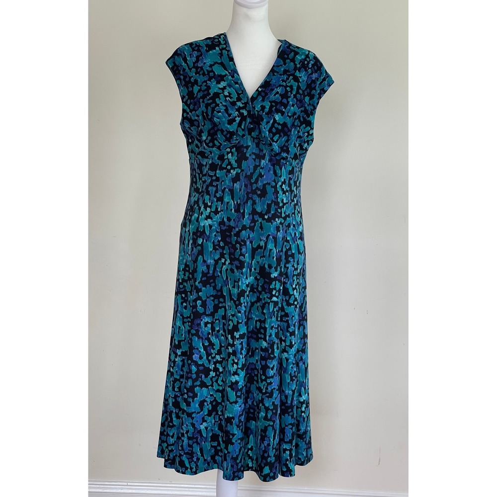 Chaps Womens Blue Teal‎ Abstract Print V-Neck Sleeveless Midi A-Line Dress Large